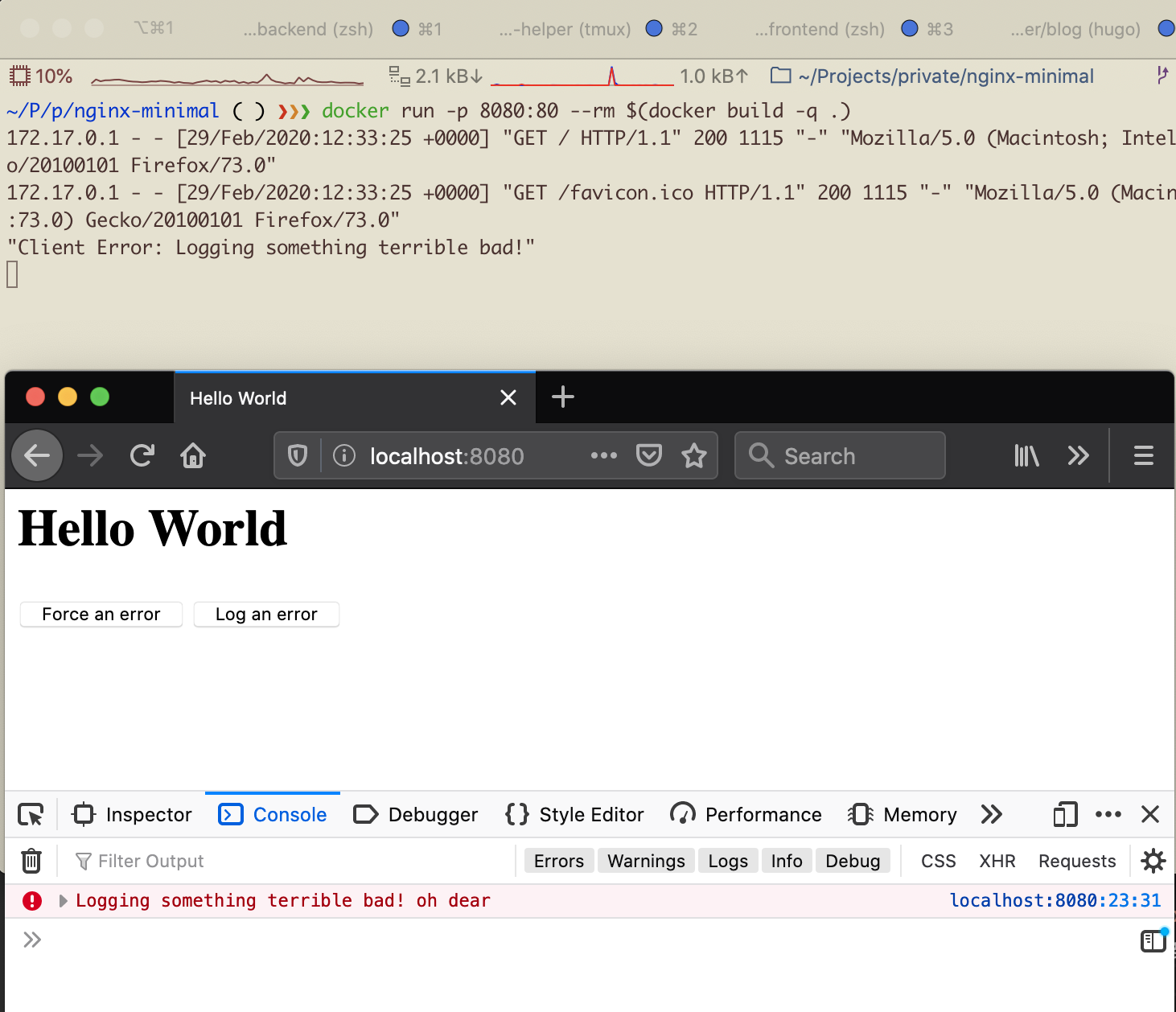 clicking the button and seeing console.error logs