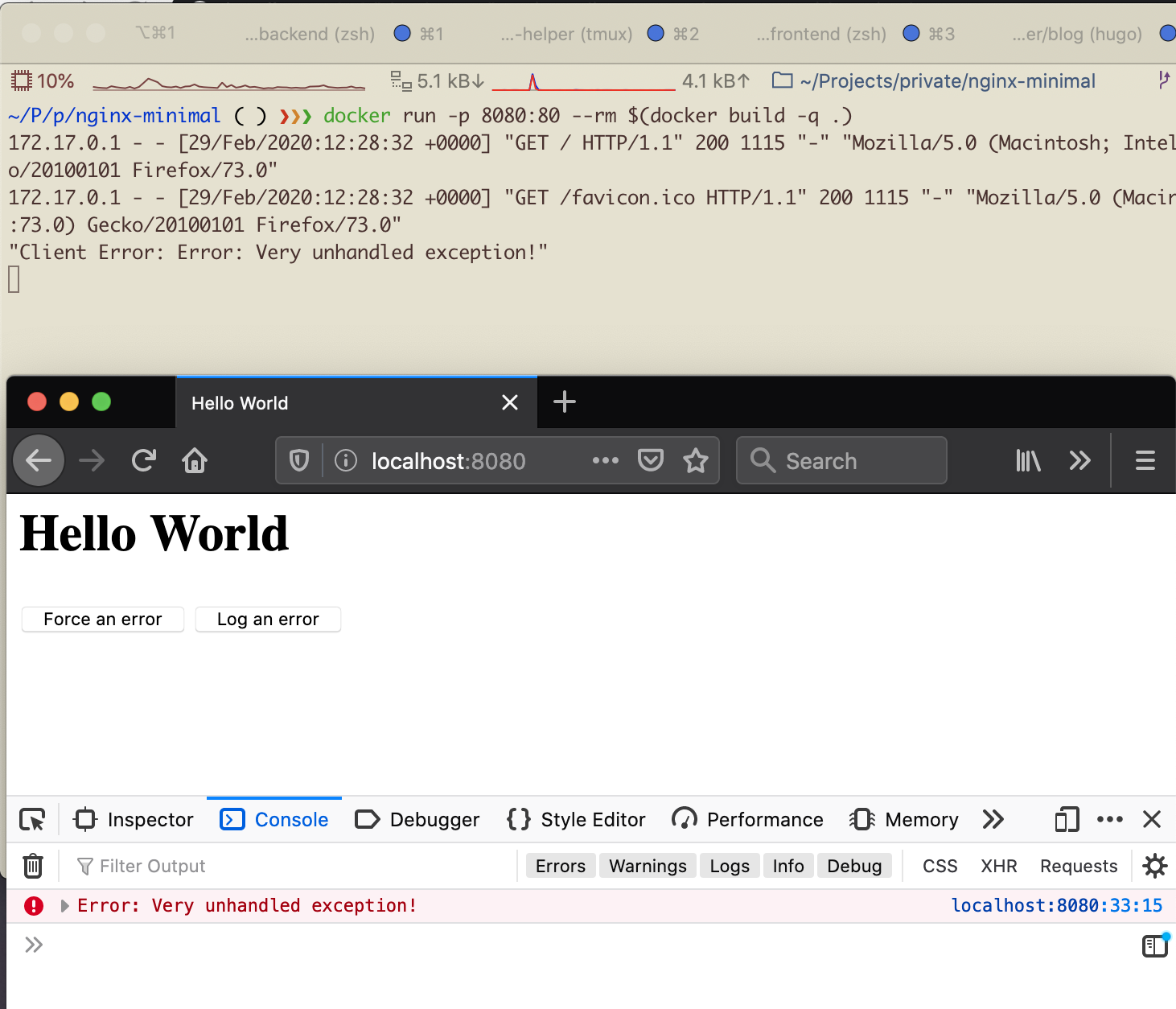 clicking the button and seeing unhandled exceptions